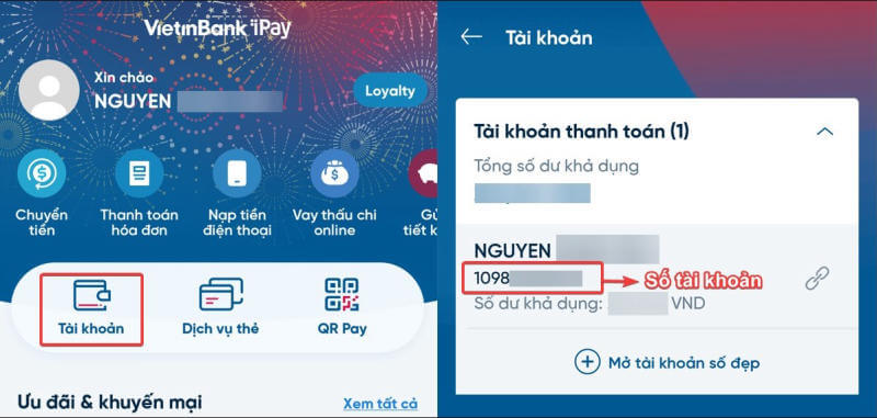 Tìm số tài khoản Vietinbank qua App VietinBank iPay - số tài khoản vietinbank xem ở đâu