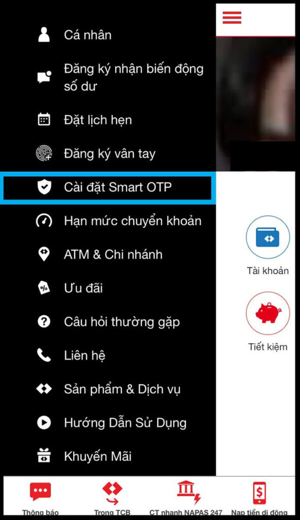 Hủy Smart OTP Techcombank qua ứng dụng Techcombank Mobile 02