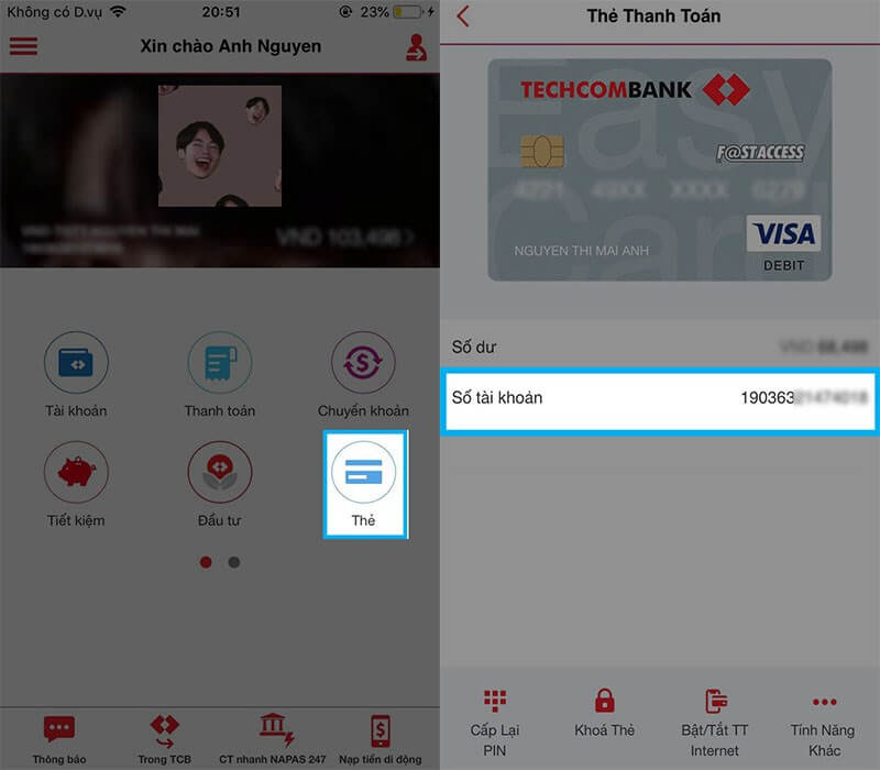 Tra cứu tài khoản techcombank online trên Techcombank Mobile